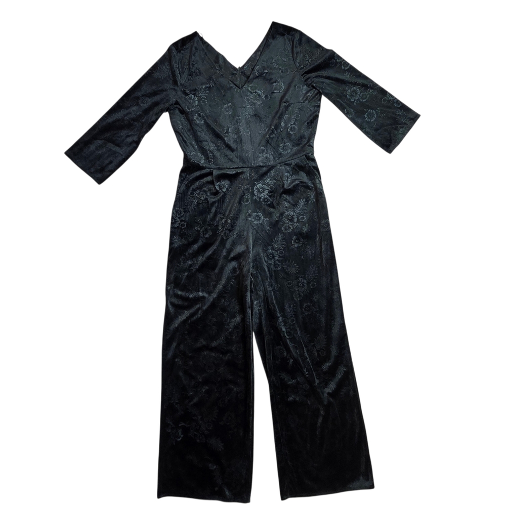 Soft Surroundings Velvet Velour Emerald Green Embossed Floral Jumpsuit M